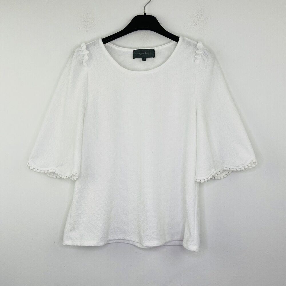 Sunday in Brooklyn Women S White Textured Shirt Ruffle Trim 3/4 Bell Sleeve H10